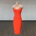 Vibrant orange bodycon halter cross neck midi bandage dress with bustier design - Coral