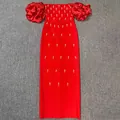 Elegant red off-the-shoulder bandage dress with puff sleeves and pearl beading accents. - S / Dresses / Red
