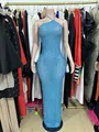 Full-length view of a luxurious sparkling light blue rhinestone mesh evening gown on a mannequin - S / Dresses / Lake Blue