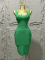 Detailed view of a vibrant green V-neck sleeveless bandage bodycon dress for parties - XS / Dresses / Green