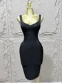 Close-up of black sleeveless bodycon bandage dress with crossover low-cut neckline - Black
