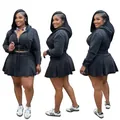 Washed black denim two-piece skirt set with hooded jacket shown in multiple angles - S / Top And Bottom / Black
