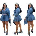 Womens washed denim two-piece skirt set featuring zip-up hoodie and high waist mini skirt - S / Top And Bottom / Blue