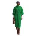 Close-up detail of women's green cable-knit turtleneck maxi dress with balloon sleeves - S / Dresses / Green
