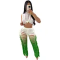 Λεπτομέρεια από λευκό πλεκτό αμάνικο crop top και πράσινο παντελόνι με κρόσσια ombre - S / Τοπ και Παντελόνι / Πράσινο