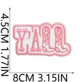 Detailed size view of pink Y'ALL cowboy boots embroidery iron-on patch 8x4.5cm - No.1 (Y'ALL Cowboy Boots) / 8x4.5cm