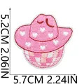 Pink cowboy hat embroidery patch with white hearts and dimension markers for crafts - No.2 (Heart Cowboy Hat) / 5.7x5.2cm