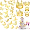 Golden crystal crowns and 3D butterfly stickers set for elegant birthday cake decoration - Set 3 (Butterfly Decoration & Crown) / Gold