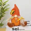Handmade plush Thanksgiving gnome decoration with an orange knitted hat and maple leaf - Style E (Knit Hat Long Beard Buttons)