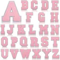 Set of 26 pink chenille letter patches A-Z with silver glitter border for DIY decor. - White Background Pink Letter / Set of 26
