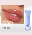 Close-up of glossy pink lips and a blue jelly lip gloss tube in shade 00# Veri Blue - 00# Veri Blue