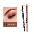 Detailed view of dual-ended eyebrow pencil with soft brown shade and eye makeup result - No.02 / Soft Brown