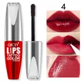 Detail view of QICIY peel-off lip gloss with red shade application and results - 10.00g / Coral (04)