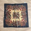 Detailed macro view of vintage autumn leaf print on soft square silk scarf foulard - Black Border Dried Leaves (HXM66-黑边枯叶) / 66*66cm / Brown