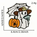 Detalle del parche bordado de fantasma de Halloween con calabaza y medidas en cm e inch. - Estilo Fantasma con Sombrero de Sol y Paraguas (7#)