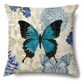 Federa per cuscino vintage in lino con stampa di farfalla blu e motivi floreali retrò. - Motivo Farfalla Blu (15004-1) / Pezzo Singolo (Senza Interno)