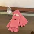 Detailed view of pink 100% wool convertible knitted gloves with flip-top design and button - Solid Color Flip Top / Pink