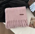 Elegant soft pink thick knit wool scarf with decorative tassels and a leather brand tag - Warp Knitted Tassel Style / Mist Pink