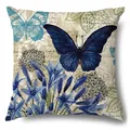 Fodera per cuscino in lino vintage con motivo decorativo di farfalla blu e floreale - Farfalla Floreale Blu Chiaro (15004-3) / Pezzo Singolo (Senza Interno)