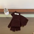 Detail view of premium 100% wool flip-top knitted winter gloves in dark brown finish - Solid Color Flip Top / Coffee