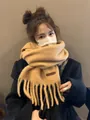 Elegant camel-colored wool scarf with long tassels for women, warm winter accessory - Warp Knitted Tassel Style / Camel