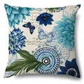 Vintage linnen kussenhoes met blauwe bloemen en vlinders voor elegante woondecoratie - Dahlia Vlinder Patroon (15004-4) / Eén Stuk (Zonder Vulling)