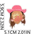 Close-up of pink western cowboy girl embroidery patch showing 5.9cm x 5.1cm size - Cowgirl Portrait Style (X11NZ-09-42) / 5.9x5.1cm