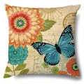 Funda de cojín de lino vintage con estampado de mariposa azul y flores vibrantes - Mariposa Azul Sello Vintage (15007-1) / Una Pieza (Sin Relleno)