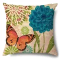 Funda de cojín de lino vintage con estampado de flores y mariposas para decoración - Mariposa Naranja Floral Azul Oscuro (15007-2) / Una Pieza (Sin Relleno)