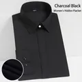 Professional charcoal black non-iron slim fit dress shirt for women with concealed placket. - 35 / Tops / Black