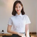 Elegant white short-sleeved slim fit professional cotton blouse for women office wear. - 38 / Tops / Square Collar Plain Pattern / White