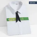 Professional white short-sleeve bamboo fiber shirt for women with elegant black necktie - 35/S / Tops / White