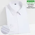 Professional white long-sleeve women's business shirt with concealed placket design - 35 / Tops / White