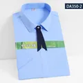 Women's light blue short sleeve bamboo fiber business shirt with black neck tie - 35/S / Tops / Blue