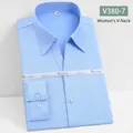 Chemise en fibre de bambou extensible bleu clair à col en V pour femmes - Style Col en V Bleu
