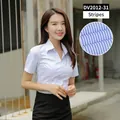 Elegant short-sleeved light blue striped professional button-down shirt for women - 38 / Top (DV2012-31) / Thin Stripes / Light Blue