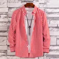 Red and white vertical striped long sleeve shirt for men with casual inner white T-shirt - M / Tops / Red and White Stripes (TPR-01)