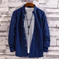 Navy blue long-sleeved shirt with white vertical stripes layered with white tee - M / Tops / Navy and White Stripes (TPR-02)