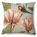 Funda de cojín decorativa de lino vintage con pájaro y patrón floral de magnolias - Magnolia Rosa y Pájaro de Colores (15017-3) / Una Pieza (Sin Relleno)