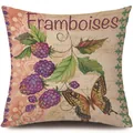 Funda de cojín de lino vintage con estampado de mariposas y frambuesas para hogar - Frambuesa y Mariposa (731160-3) / Una Pieza (Sin Relleno)