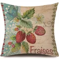 Funda de cojín vintage de lino con estampados de fresas y mariposas decorativas - Fresa y Mariposa Azul (731160-4) / Una Pieza (Sin Relleno)
