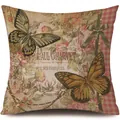 Funda de cojín de lino vintage con mariposas, flores, texto en francés y lazo verde elegante - Estilo Decorativo de Cuadros Doble Mariposa (21Y7161 (4)) / Una Pieza (Sin Relleno)