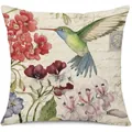 Funda de cojín de lino con colibrí y flores vintage para elegante decoración del hogar - Estilo Sello Vintage Colibrí Verde (24ym0541 (1)) / Una Pieza (Sin Relleno)