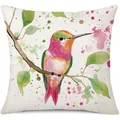 Funda de cojín de lino con estampado de colibrí en acuarela vintage y hojas verdes - Colibrí de Hoja Verde Acuarela (24ym1119-2) / Una Pieza (Sin Relleno)