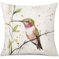 Funda de cojin decorativa de lino con estampado de colibri en acuarela y flores hogar - Colibrí de Acuarela Natural (24ym1119-3) / Una Pieza (Sin Relleno)