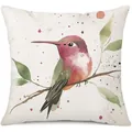 Funda de cojín de lino con ilustración artística de colibrí en acuarela y hojas - Colibrí de Cabeza Roja Acuarela (24ym1120-1) / Una Pieza (Sin Relleno)