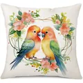 Funda de cojín de lino decorativa con agapornis en acuarela y corona de flores colorida - Loros Acurrucados y Flores (24ym1138-2) / Una Pieza (Sin Relleno)