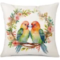 Variante de funda de cojín de lino con estampado de loros a la acuarela y flores de colores - Loros Simétricos y Corona (24ym1138-4) / Una Pieza (Sin Relleno)