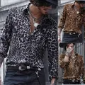 Men's stylish leopard print long-sleeve lapel shirt available in gray and brown - S / Tops / Black Leopard