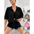 Stylish women's solid color button-down cropped shirt with medium sleeves and textured fabric - S / Tops / Multicolor